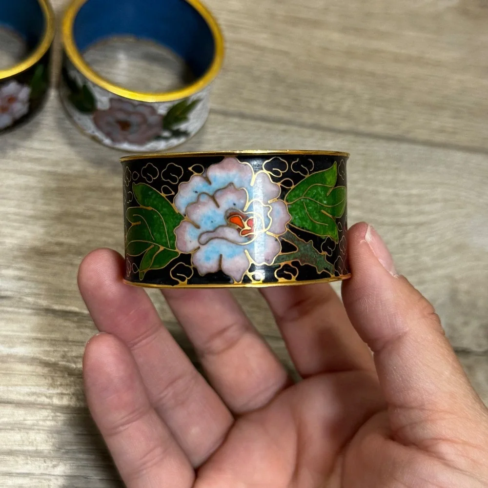 Vintage Cloisonne Enamel Napkin Rings Set of 3 Floral Black White Gold Tone